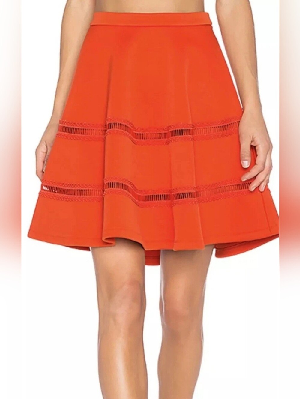 Carven Red A-Line Skirt with Ladder Lace Inserts